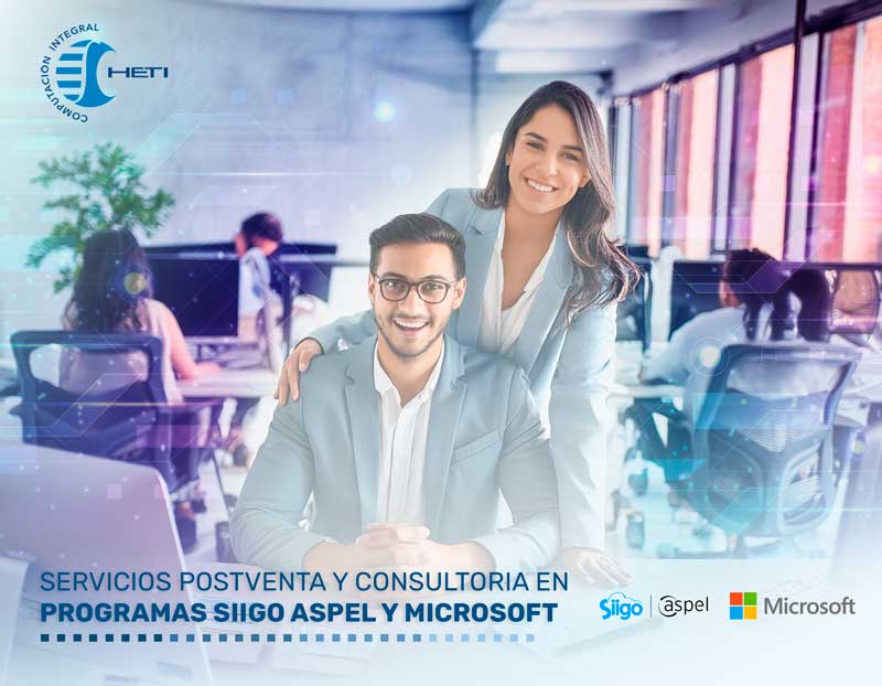 En Heti Computación Integral contamos con servicio post venta y apoyo en la configuración en programas siigo aspel y microsoft